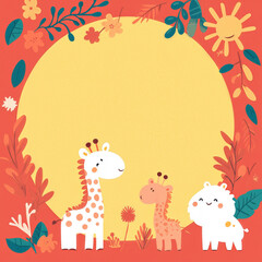 Obraz premium Adorable Cartoon Giraffes and Hippo in Colorful Nature Frame Illustration for Children's Decor and Invitations