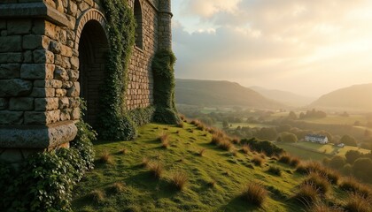 Obraz premium Ivy-Covered Stone Ruin Overlooking Tranquil Valley with Modern House