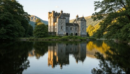 Obraz premium Serene Castle Reflection in Tranquil Loch Surrounded by Lush Greenery