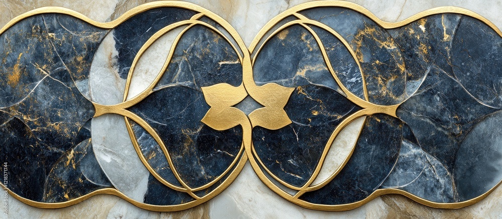 Leinwandbilder Elegant abstract design featuring intertwined black and gold patterns with marble textures in a symmetrical layout on a light background.