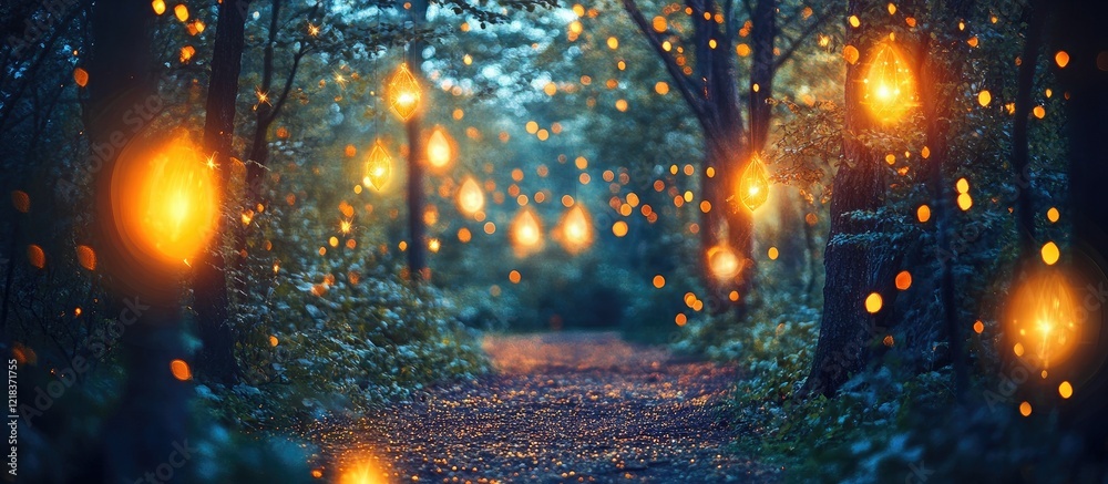 Poster magical nighttime forest scene with glowing orange lanterns, deep blue foliage, and a tranquil path 