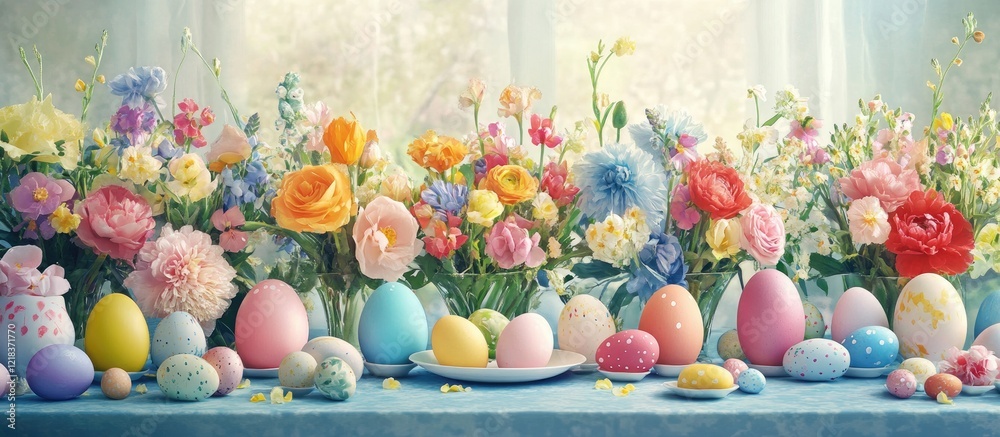 Aufkleber vibrant easter lunch table setting with colorful flowers and pastel easter eggs arranged elegantly o