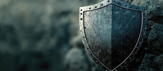 Steel and black shield set against a blurred rocky background highlights protection and strength with a polished, resilient design.