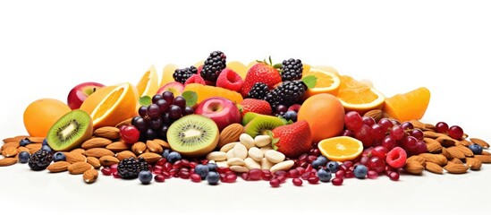 Vibrant arrangement of assorted nuts and fruits including oranges, grapes, kiwi, almonds, and berries on a white background showcasing healthy snacks.