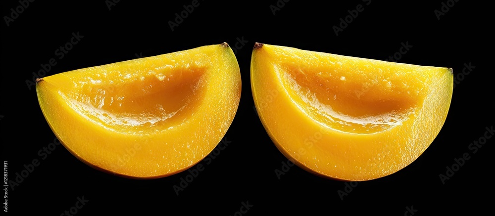 Poster Vibrant yellow manila mango fruit slices displaying smooth texture and glossy surface isolated on a black background with clipping path