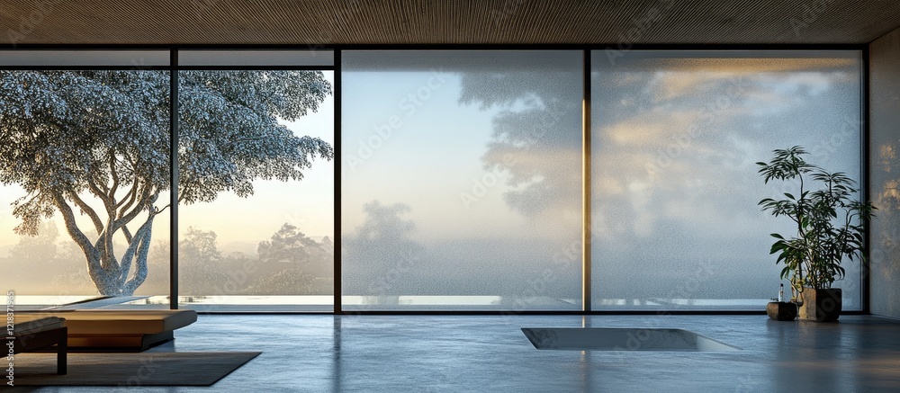 Poster Serene morning light filters through a frosted glass window creating soft shadows and illumination with a potted plant in the foreground.