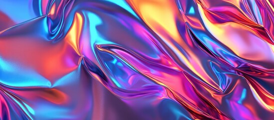 Fototapeta premium Vibrant metallic surface with flowing folds in shades of purple pink and blue showcasing reflective neon highlights creating an alluring futuristic effect