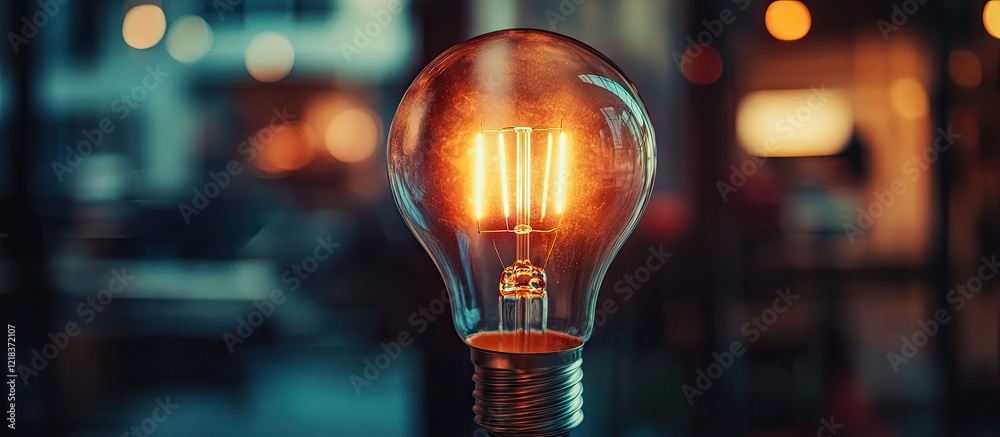 Poster illuminating vintage light bulb glowing warmly with three filaments against a blurred dark backgroun