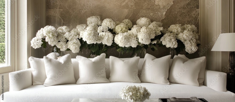 Poster elegant white sofa adorned with soft white pillows against neutral wall featuring lush hydrangeas cr