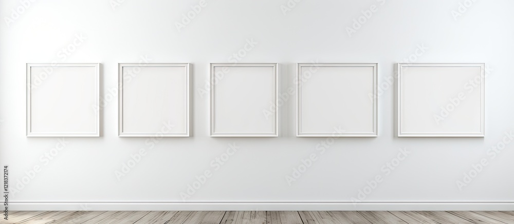 Aufkleber empty white frames aligned horizontally on a light blue wall, creating a minimalist and modern aesth