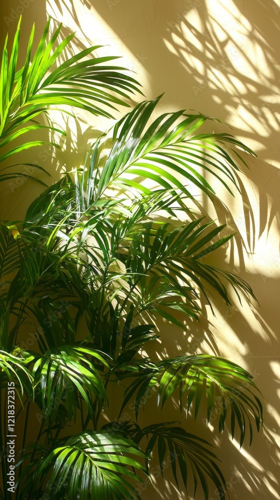 Aufkleber sunlight streams in, illuminating vibrant palm leaves that create a play of shadows on a soft, warm-