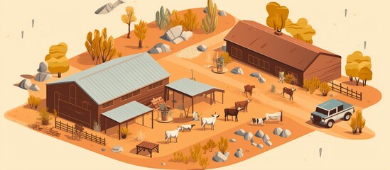 Autumn Ranch Isometric Illustration:  A picturesque depiction of a rural ranch scene during autumn, showcasing farm buildings, livestock, and a vehicle in a serene desert landscape.
