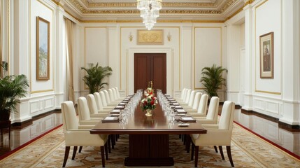 A sleek, elegant boardroom featuring a long wooden table, white chairs, and decorative elements, perfect for high-level meetings and discussions.