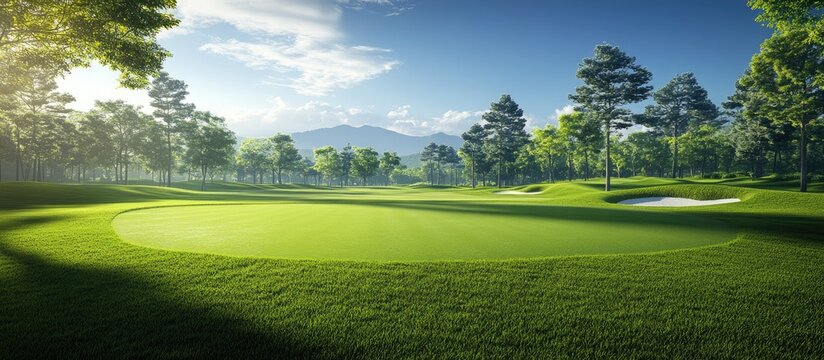 Scenic young green golf course with lush grass rolling hills and a serene atmosphere under bright blue sky perfect for golf enthusiasts - Powered by Adobe