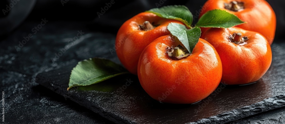 Poster vibrant orange persimmons with green leaves arranged on a textured dark stone surface creating a str