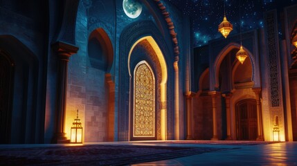 Fototapeta premium Serene Nighttime Mosque Interior Illuminated By Lanterns