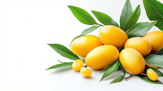 Ripe Yellow Apriums with Green Leaves on White Background
