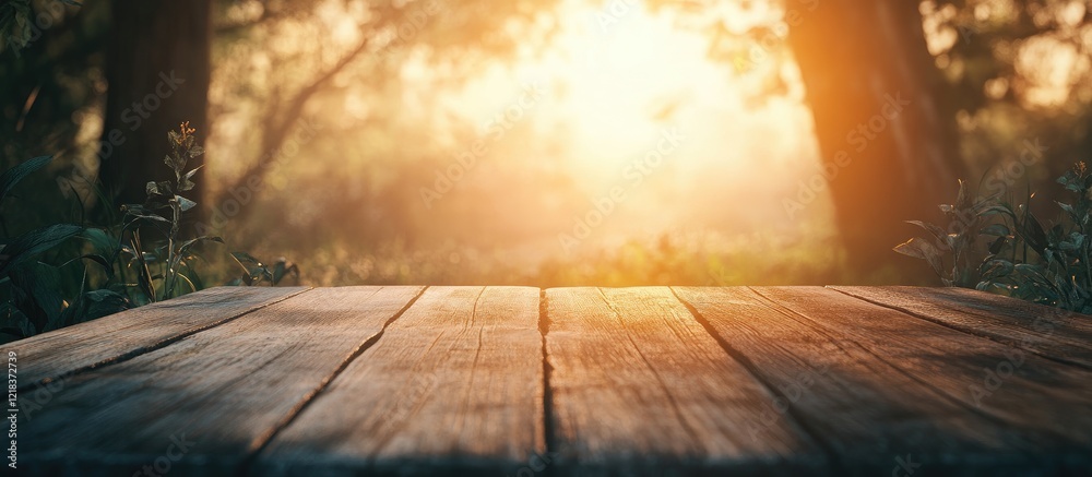 Poster wooden table in foreground bathed in warm sunlight with blurred magical forest background at sunrise