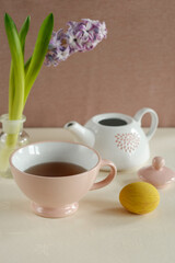 spring tea setup with yellow easter egg
