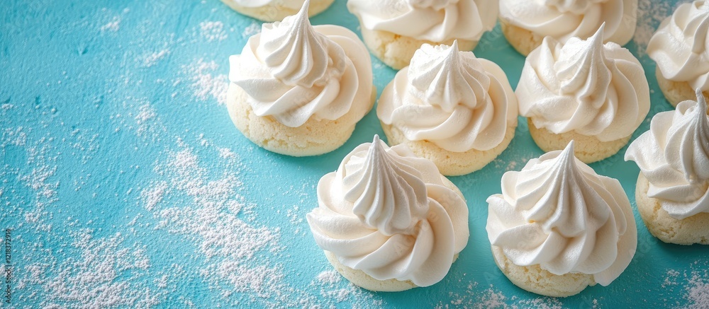 Leinwandbilder almond meringue cookies arranged on a vibrant blue surface displaying their fluffy white texture and