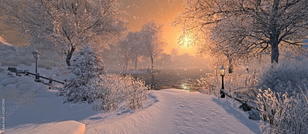 Aufkleber serene winter landscape featuring a sunlit snowy ground with snow-covered trees on either side illum