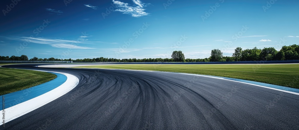 Poster Vast empty race track curving left under clear blue sky with green grass and trees on horizon creating a tranquil reflective atmosphere
