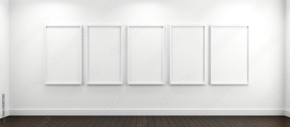 Poster empty white gallery space with four framed blank canvases aligned symmetrically against a smooth whi