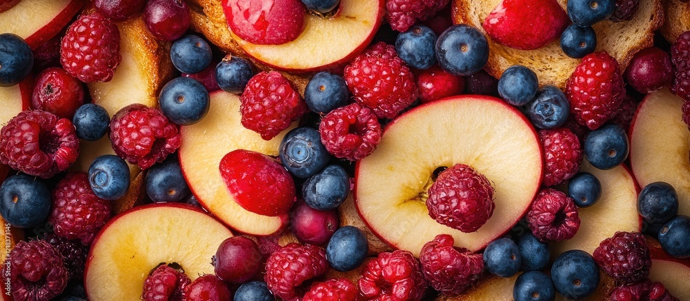 Poster vibrant french toast with red apple slices and an assortment of fresh berries including raspberries 