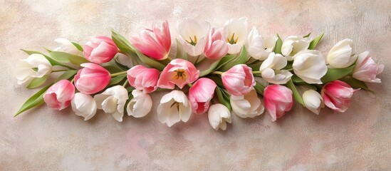 Elegant arrangement of pink and white tulips on soft pastel textured background with ample copy space for versatile design needs.