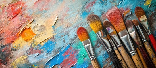 Fototapeta premium Vibrant array of paintbrushes arranged on a colorful textured canvas showcasing warm tones of orange and soft blues creating artistic inspiration