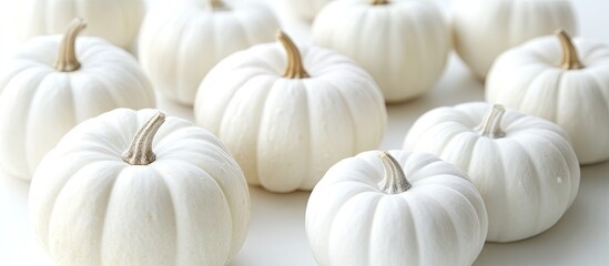 Frosted white miniature pumpkins with golden stems arranged on a bright white background creating an elegant seasonal decor display