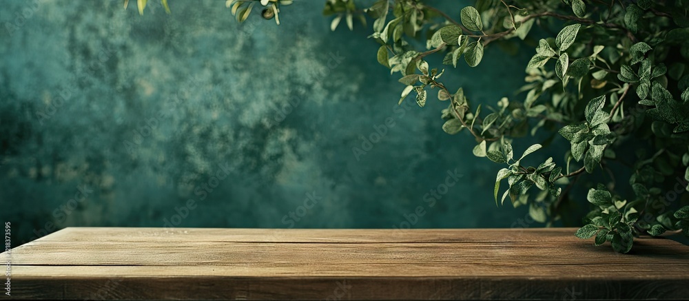 Aufkleber wooden tabletop with green foliage on the right and a soft teal background, creating a serene natura