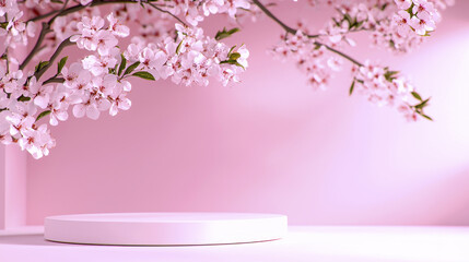 serene blush pink background features delicate cherry blossom branches, creating tranquil atmosphere perfect for showcasing products
