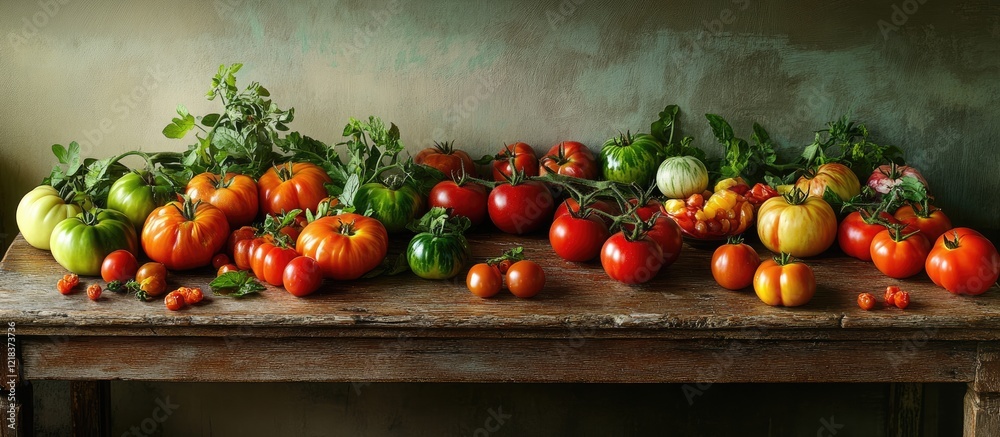Poster Vibrant assortment of ripe tomatoes in various colors placed on a rustic wooden table with a textured green background enhancing a culinary vibe