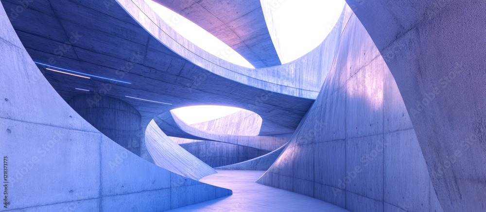 Poster Abstract architectural design featuring smooth, flowing concrete curves in soft pastel tones of blue and purple, creating a futuristic atmosphere.