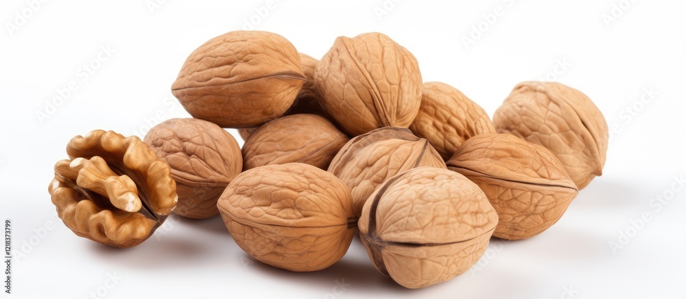 Poster peeled walnut kernels and whole walnuts stacked in a natural arrangement on a white background showc