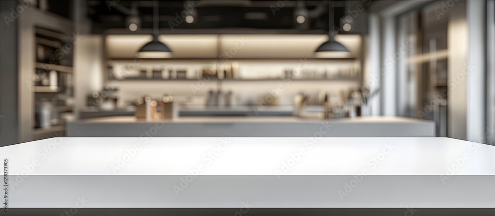 Poster spacious blurred kitchen interior with an empty white table in the foreground featuring soft lightin