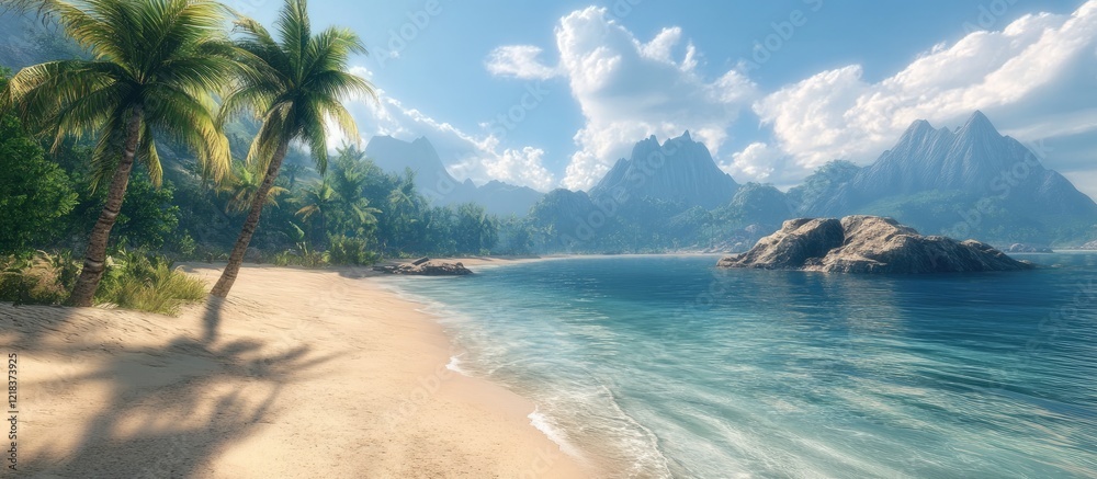 Aufkleber tranquil deserted beach scene featuring soft white sands and palm trees in the foreground with majes