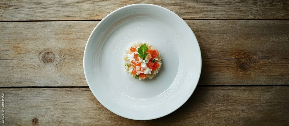 Aufkleber minimalistic dish on a white plate centered against a rustic wood background highlighting themes of 