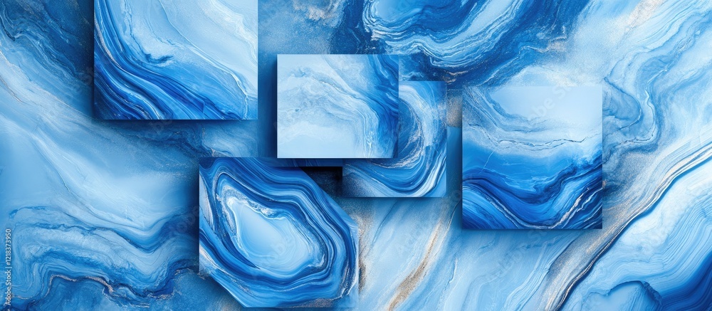 Leinwandbilder Abstract blue background with fluid marble patterns and square elements in varying shades of blue and hints of gold adds sophistication and depth.