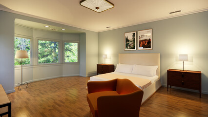 Elegant and serene bedroom interior design meticulously crafted as a 3D render. This visualization showcases a comfortable and stylish sleeping space, featuring a plush king-size bed with soft linens