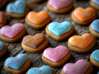 Fototapeta premium Beautiful heart-shaped cookies with colorful icing arranged on rustic wooden surface highlight romance in a cozy setting with soft lighting
