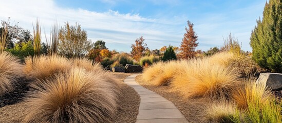 Obraz premium Serene garden pathway bordered by soft golden grasses under a vibrant blue sky with wispy clouds, showcasing nature's beautiful contrast.