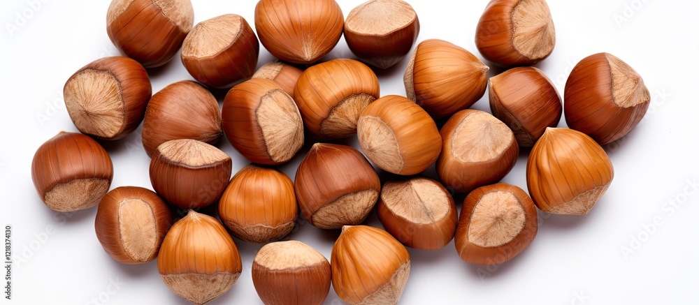 Aufkleber Top view of various hazelnuts arranged on a clean white background showcasing whole and halved nut shells with rich brown tones.