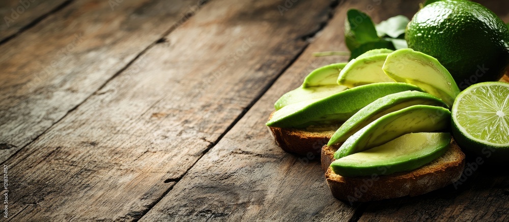 Aufkleber ripe avocado and lime slices artfully arranged on a rustic wooden table emphasizing fresh colors and