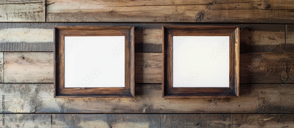 Fototapete Rustic wooden wall featuring two empty square frames in dark brown positioned side by side creating a perfect mockup presentation setting.
