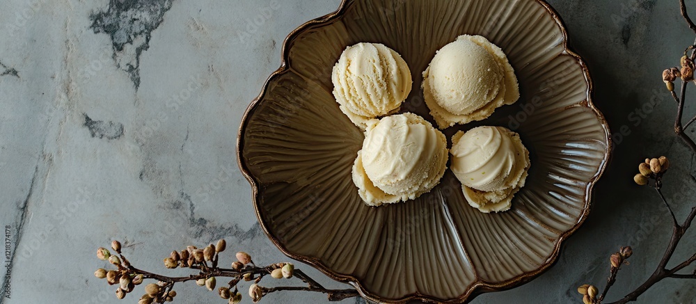 Poster pistachio gelato scoops arranged on a decorative brown tray with soft textures and a minimalist gray