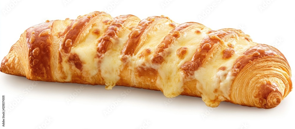 Poster golden croissant baguette filled with gooey melted cheese positioned centrally on a light background