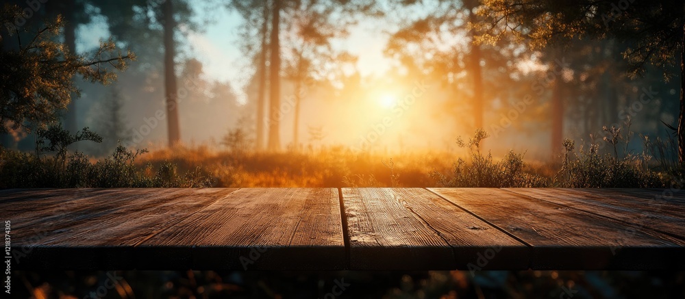 Aufkleber wooden table in foreground with blurred enchanting forest background and golden sunrise illuminating