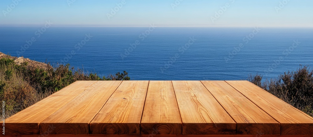 Aufkleber panoramic ocean horizon with a rustic wooden table in the foreground displaying natural wood tones a